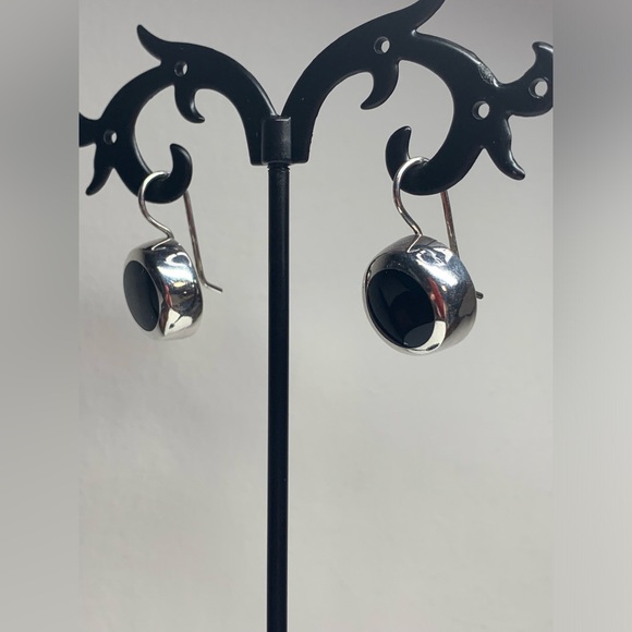 Early Silpada Very Rare Sterling & Chunky Round Onyx Inlaid French Wire Earrings - Picture 3 of 9